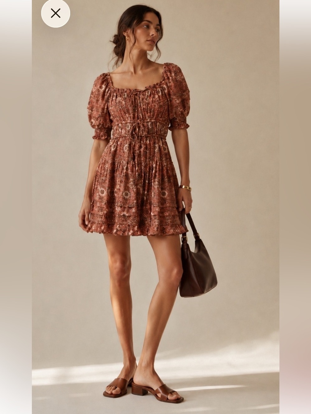 (G578 ) Ulla Johnson Burnt Rust Floral Smocked Puff-Sleeve Mini Dress